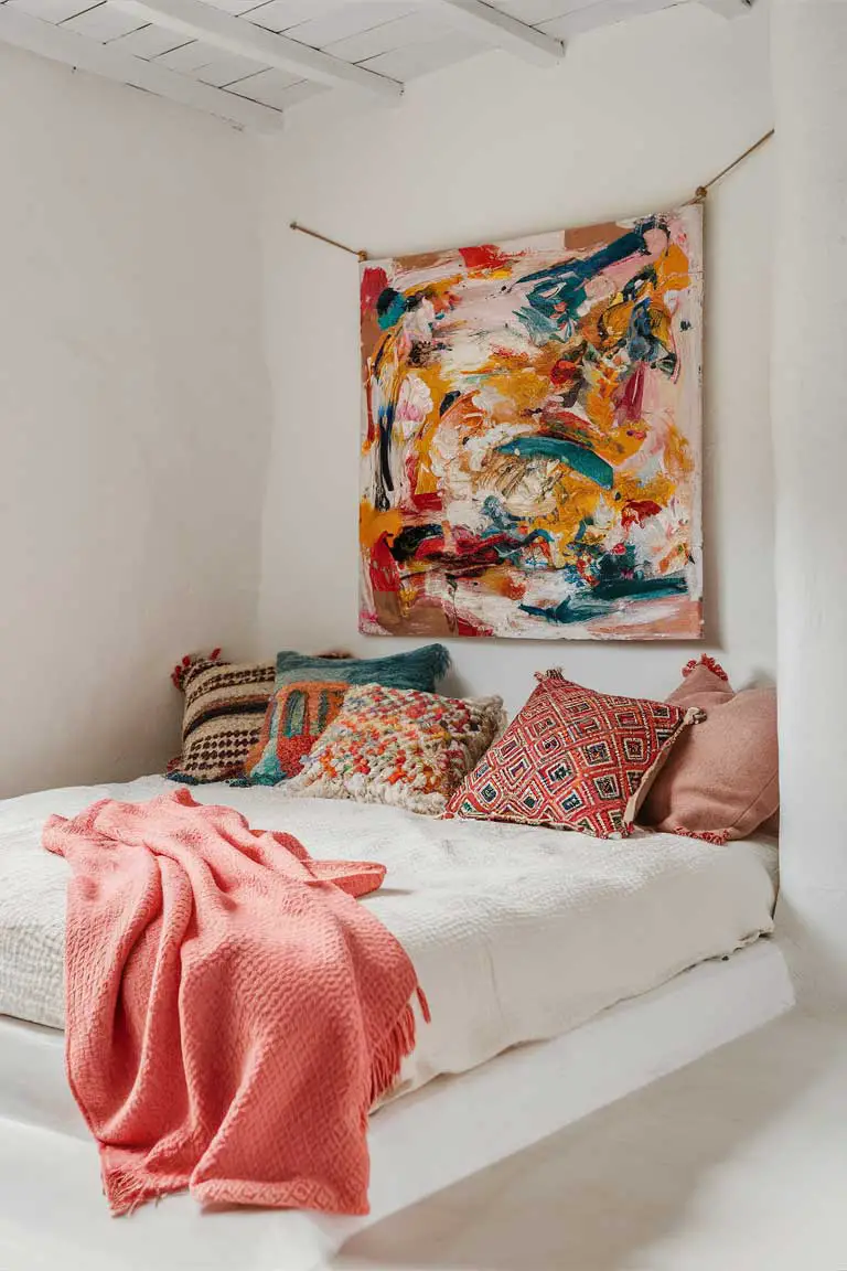 Tiny house bedroom with white walls and bedding, bright pink throw, colorful cushions, and abstract vibrant artwork above the bed.
