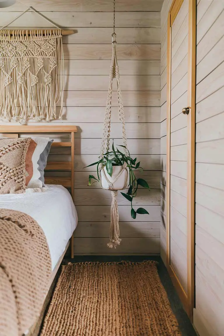 Tiny house bedroom floor with textured jute rug, macramé wall hanging, and hanging plant in macramé holder.