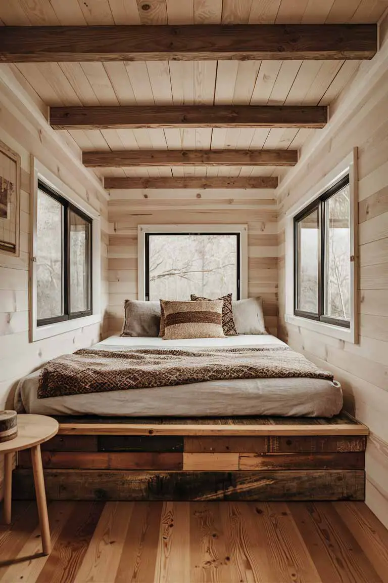 Tiny house bedroom with reclaimed wood platform bed, exposed wooden ceiling beams, and wooden side table.