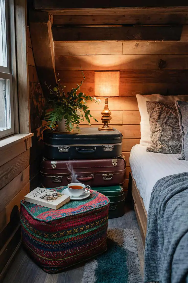 Tiny house bedroom corner with colorful storage ottoman and stacked vintage suitcases as nightstand.