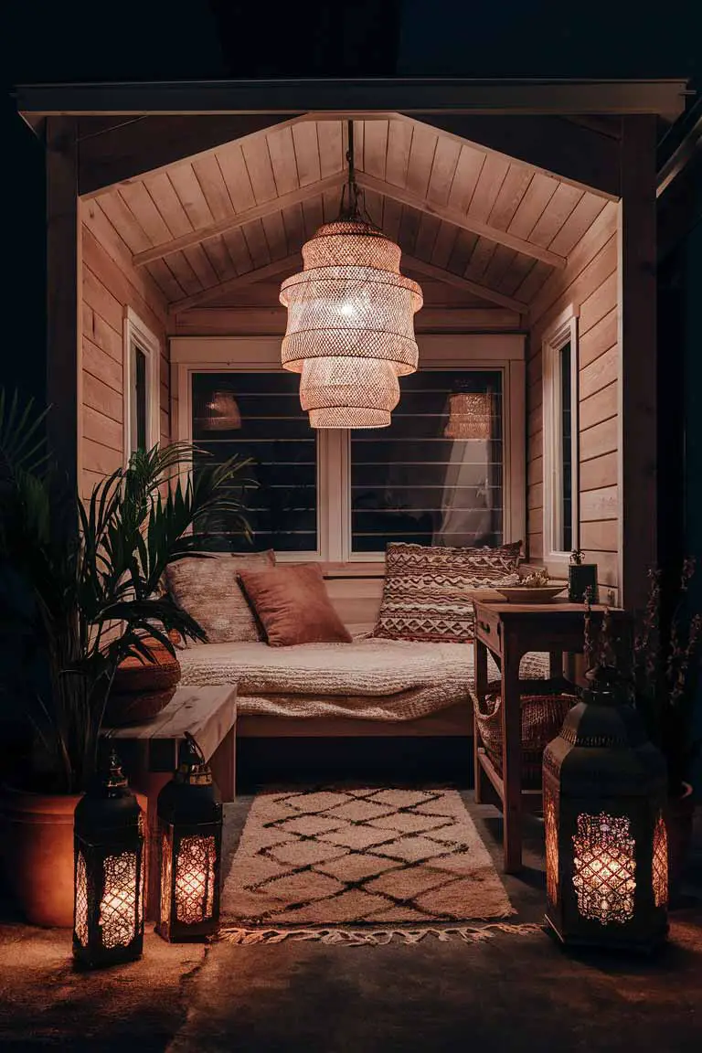 Nighttime tiny house bedroom corner lit by woven pendant light and Moroccan lanterns.