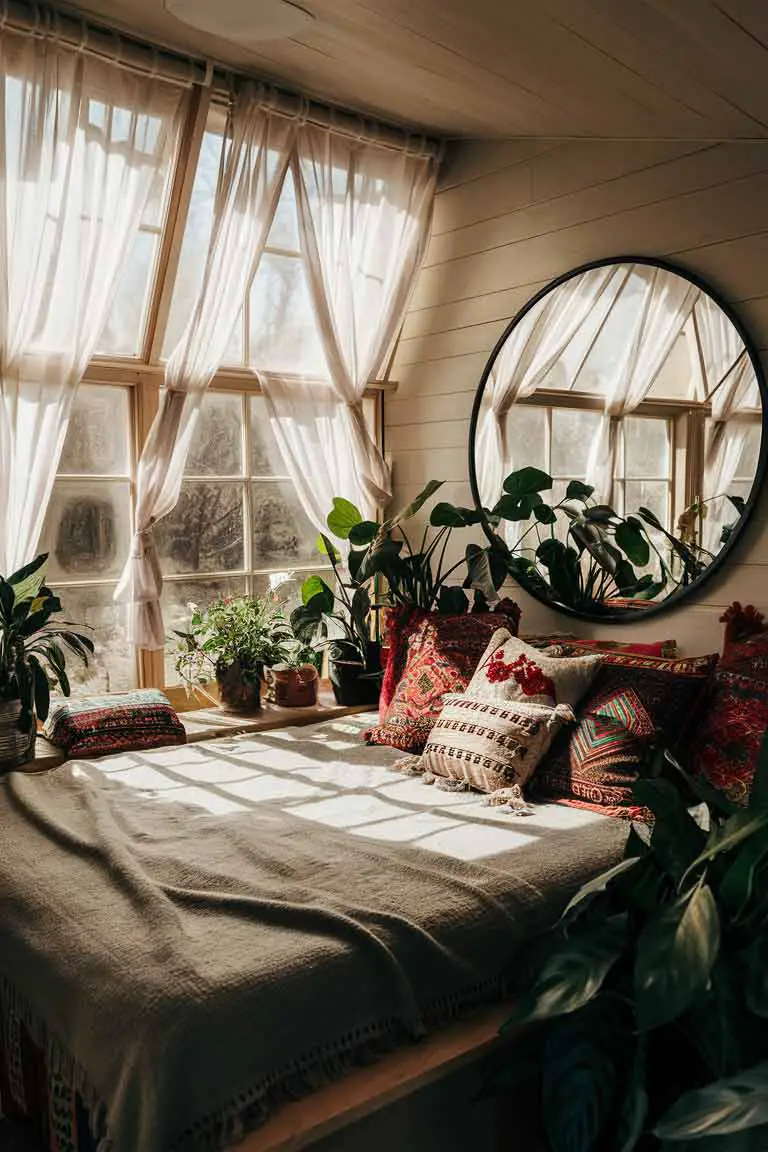Boho tiny bedroom with large window, sheer curtains, and round mirror reflecting natural light.