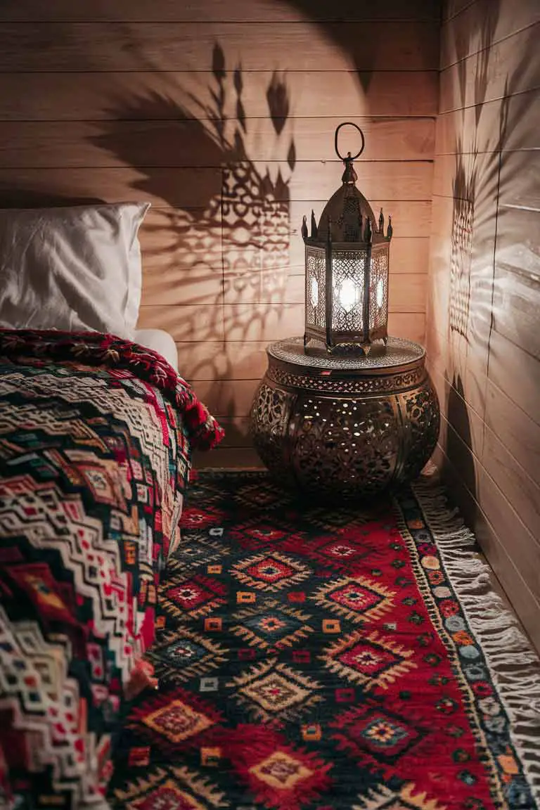 Tiny house bedroom floor with colorful Moroccan rug and metalwork side table with lantern.