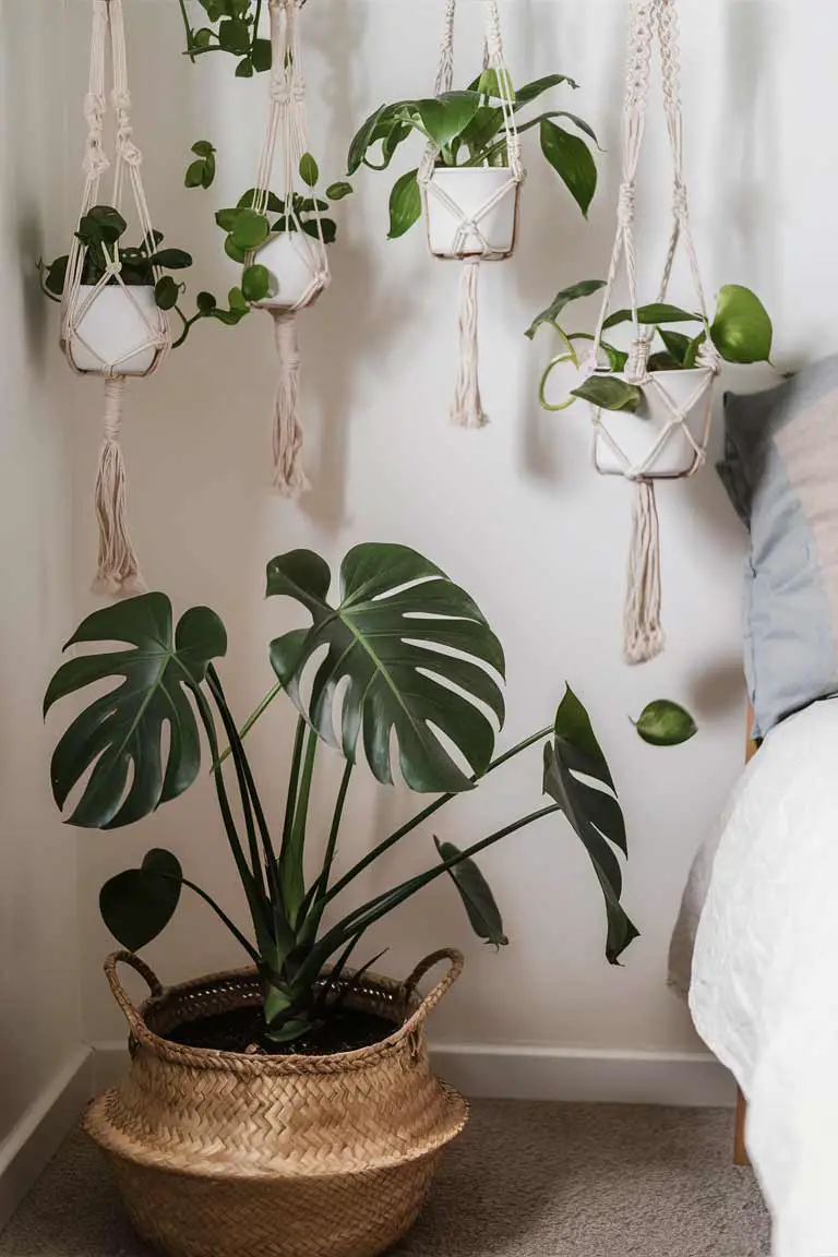 Tiny house bedroom corner with large monstera plant in basket and hanging pothos plants in macramé holders.