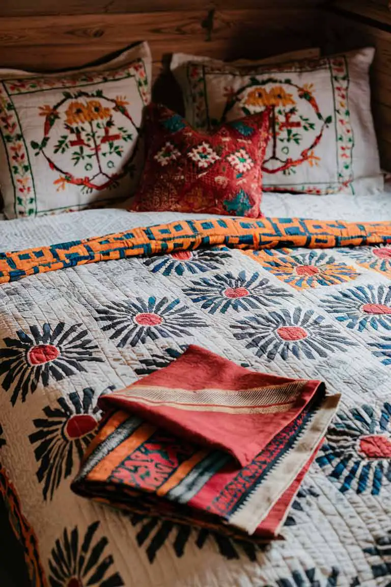 Bed layered with Indian block-printed quilt, embroidered pillows, and Turkish kilim rug.