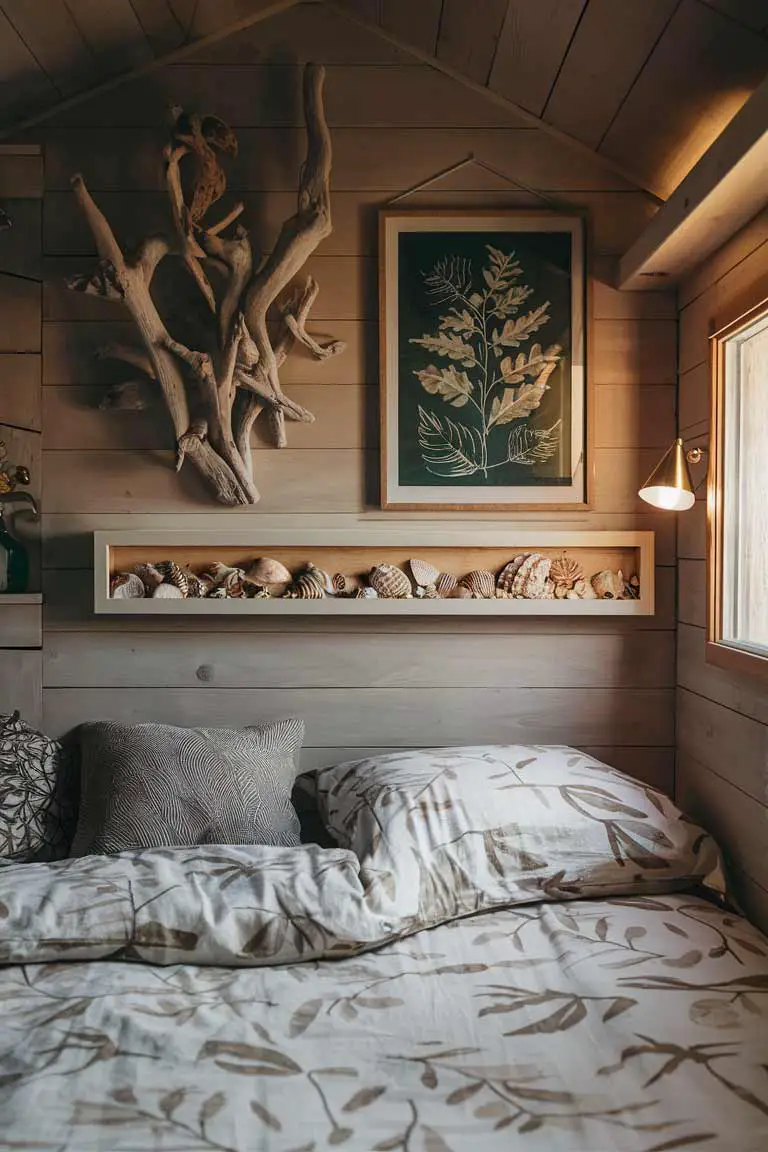 Boho bedroom wall with driftwood art, framed botanical print, seashell display, and leaf-patterned bedding.