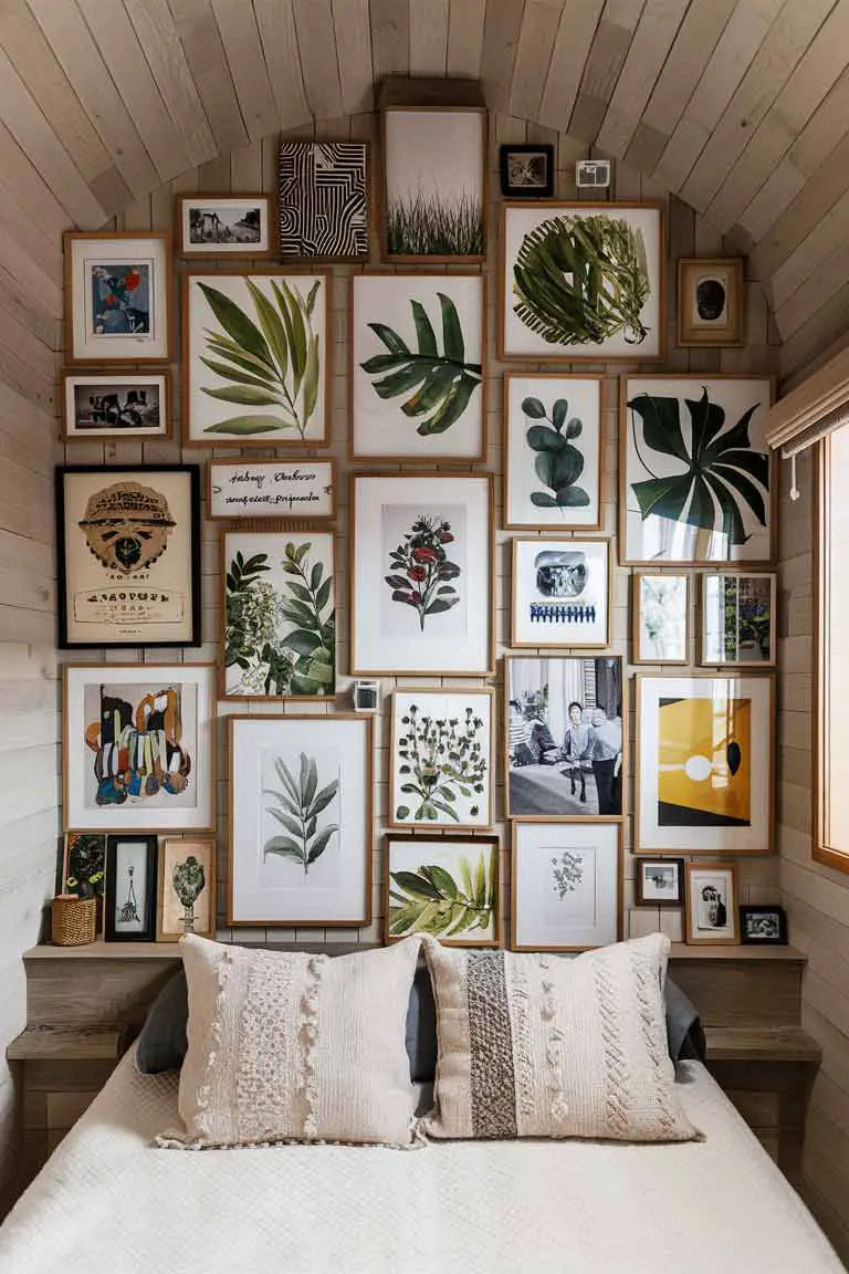 Boho tiny bedroom wall covered with framed vintage and modern artwork in natural wood frames.