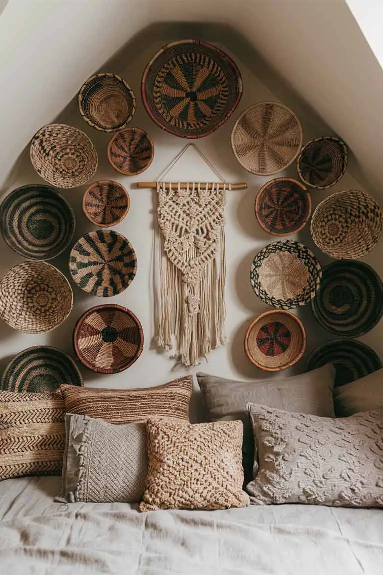 Tiny house bedroom wall adorned with woven baskets and a large macramé wall hanging.