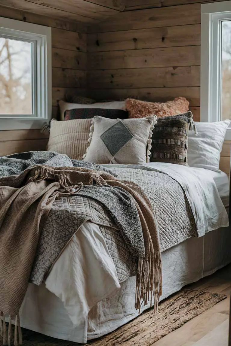 Close-up of a boho bed with layered linen sheets, patterned quilt, textured throws, and assorted pillows.