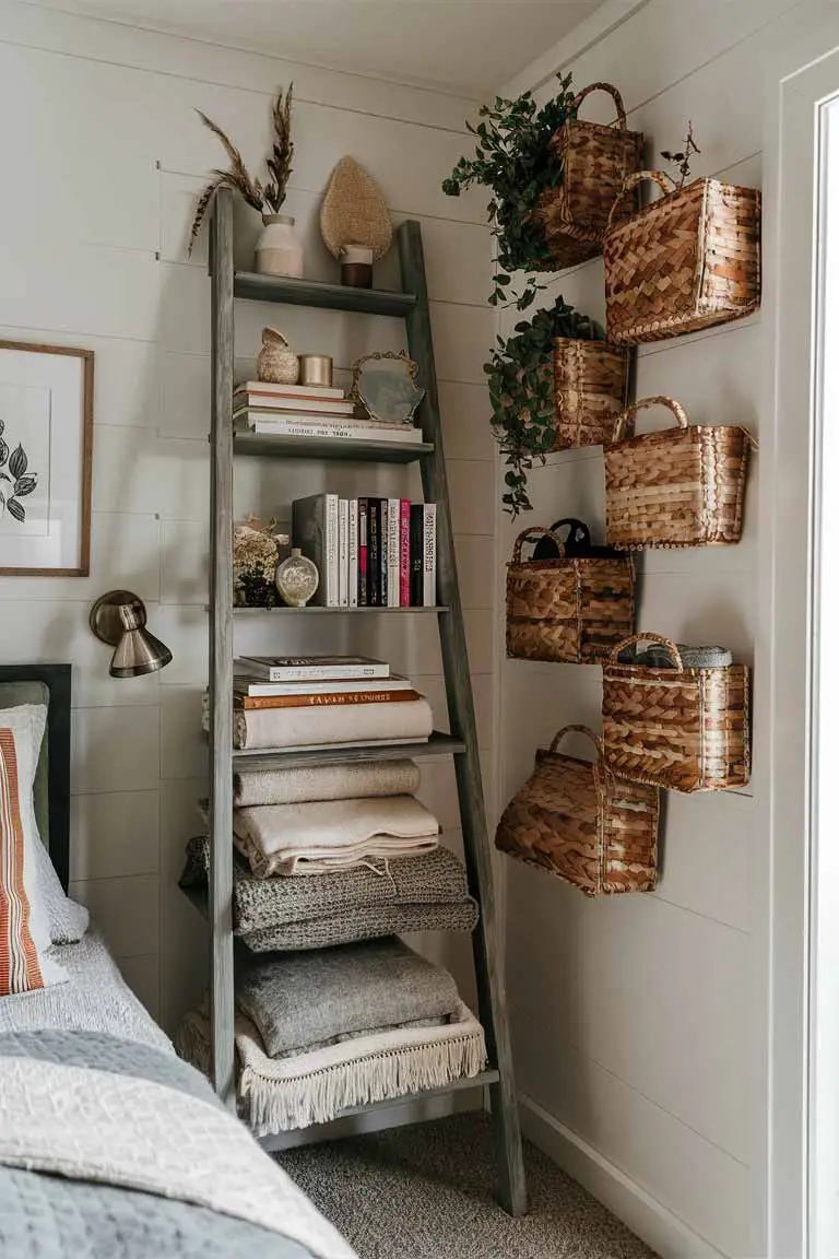 Tiny house bedroom corner with ladder shelf holding blankets and decor, and wall-mounted woven baskets.