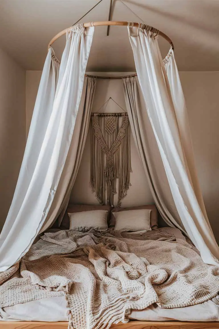Tiny house bedroom with low wooden bed and circular hoop canopy with white curtains and macramé wall hanging.