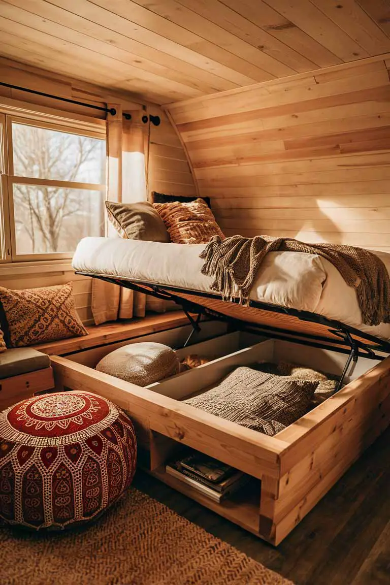 Wooden platform bed with lift-up storage compartment and boho pouf with hidden storage.