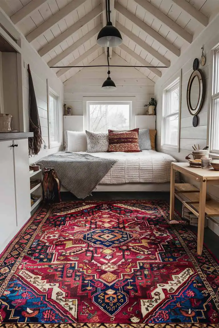 Tiny house bedroom with large vintage Persian rug featuring rich reds, blues, and golds.