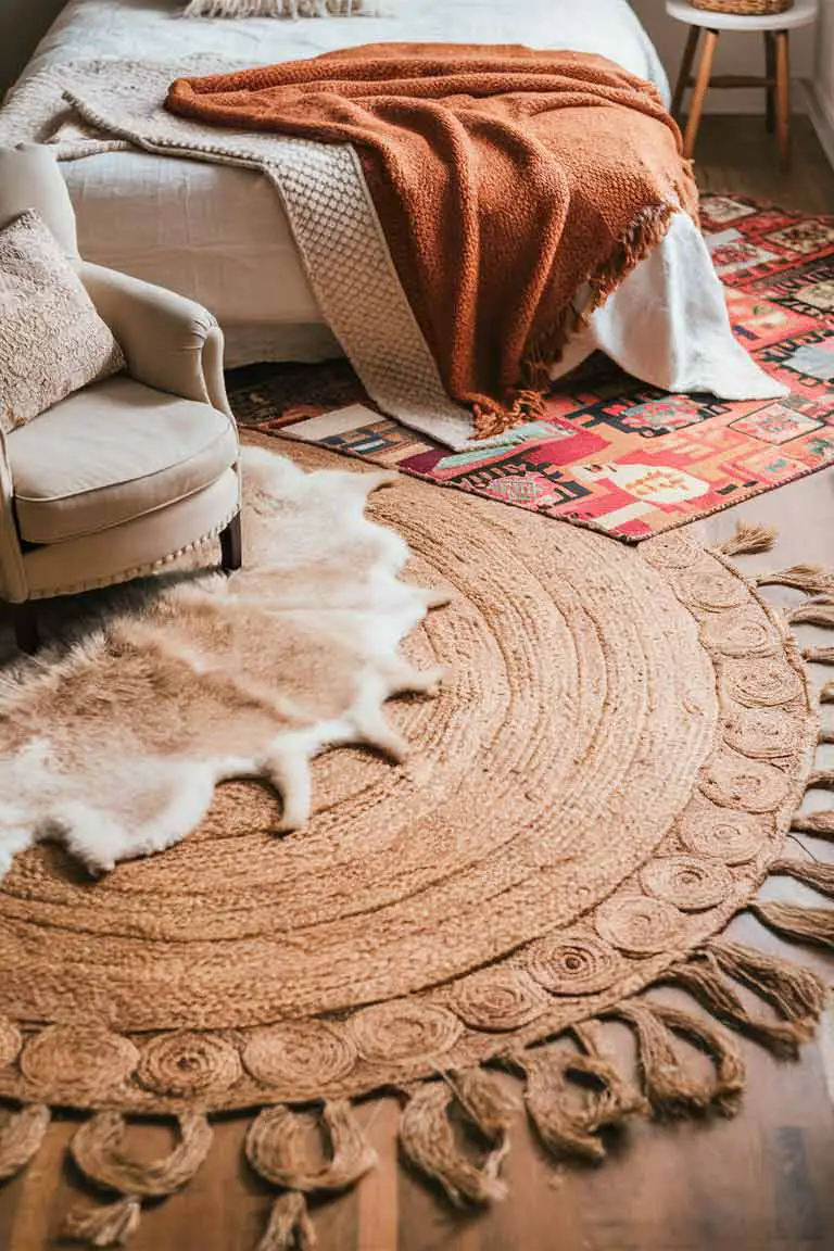 Layered rugs in tiny house bedroom: neutral jute base, colorful kilim, and small sheepskin rug.