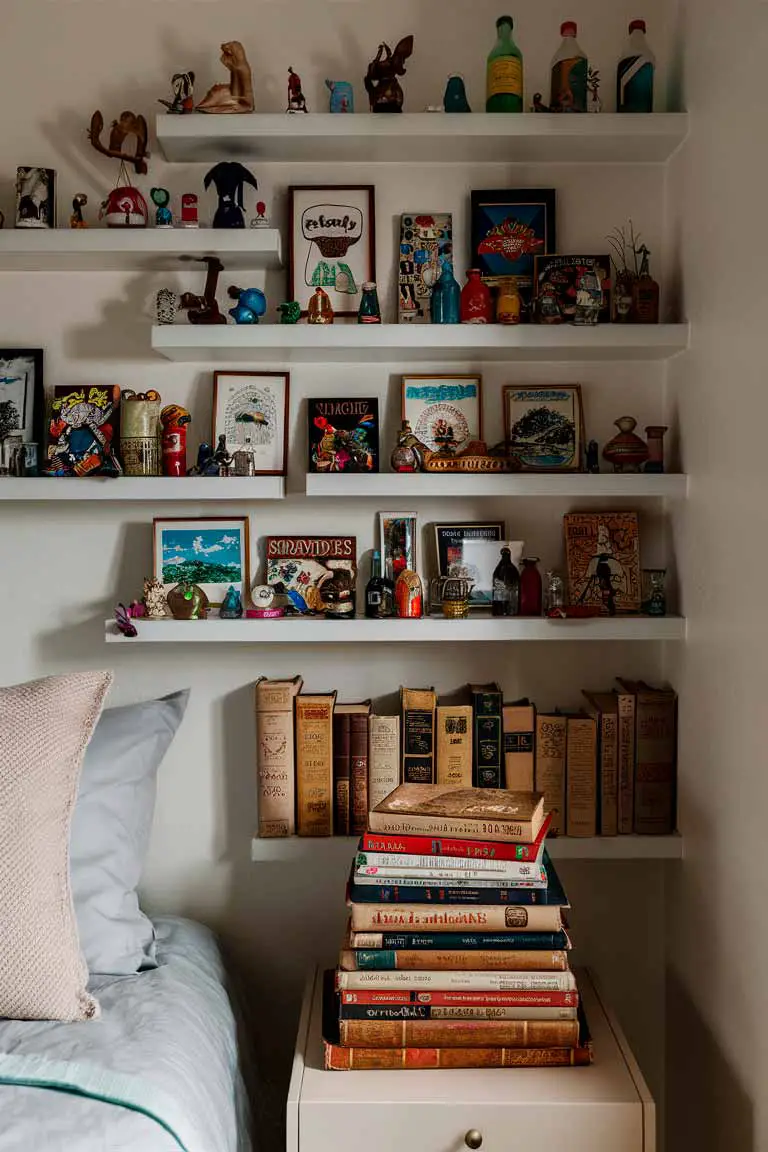 Tiny house bedroom wall with floating shelves displaying travel souvenirs and vintage books on bedside table.