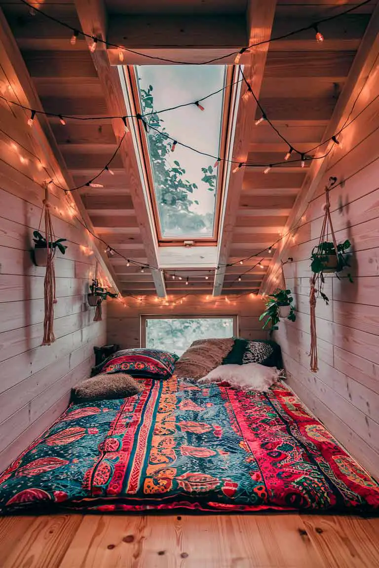 Loft bedroom with low mattress, colorful boho bedding, string lights on sloped ceiling, and hanging plants.