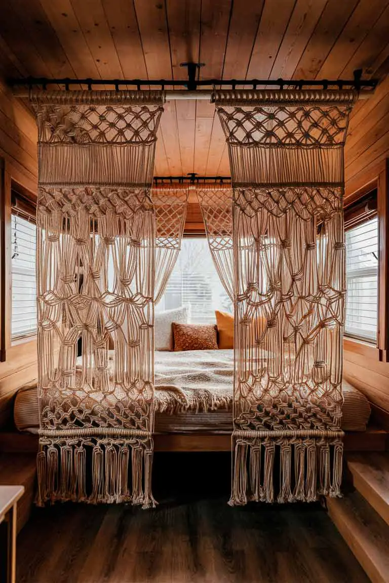 Ground floor tiny house bedroom separated by large macramé wall hanging, maintaining openness and privacy.