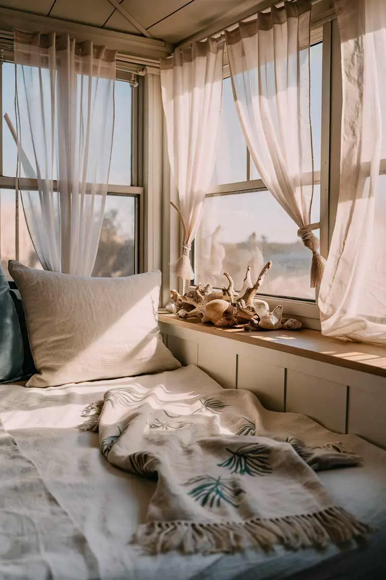 Bright tiny bedroom with white linen bedding, palm leaf print throw, sheer curtains, and beachy decor.
