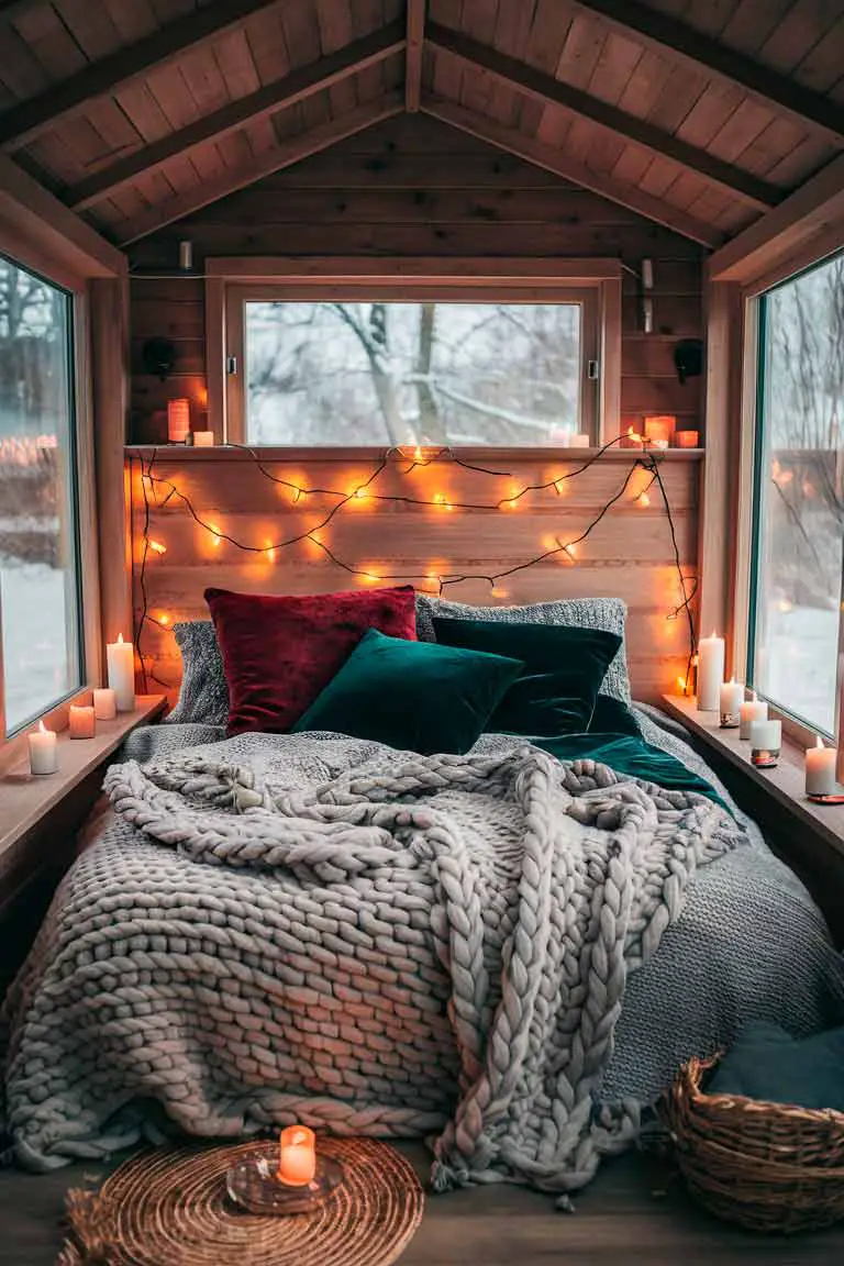 Cozy tiny bedroom with chunky knit blanket, velvet pillows in warm colors, string lights, and candles.