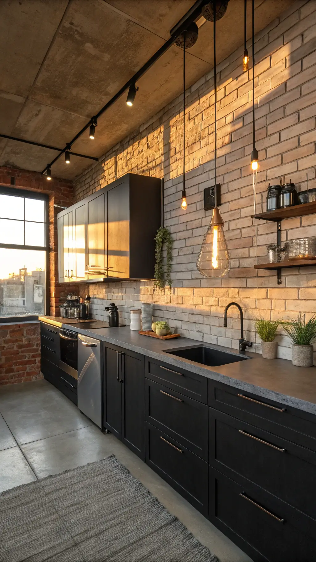 Industrial L-shaped kitchen with exposed brick, black cabinets, concrete countertops, subway tile backsplash, Edison bulb pendant lighting