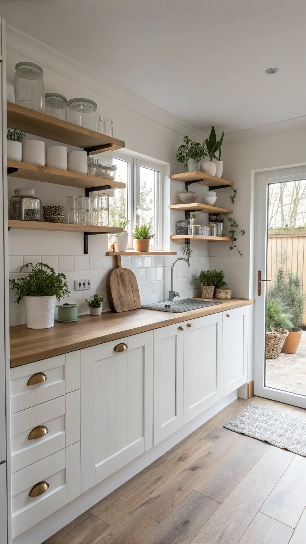 Scandinavian-style kitchenette with white shaker cabinets, pale birch counters, floating shelves, minimalist ceramics, and potted herbs