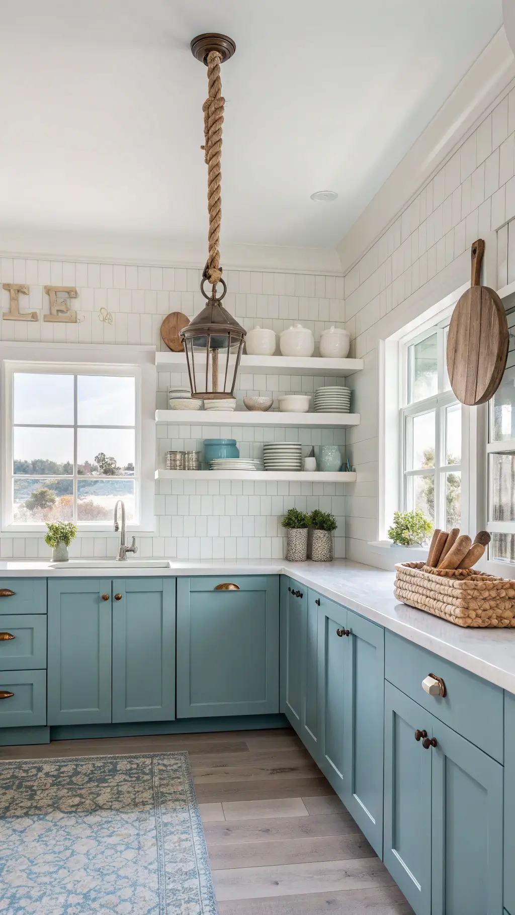 Coastal compact kitchen with blue lower cabinets, white upper cabinets, rope pendant light, open shelving with ceramics and driftwood