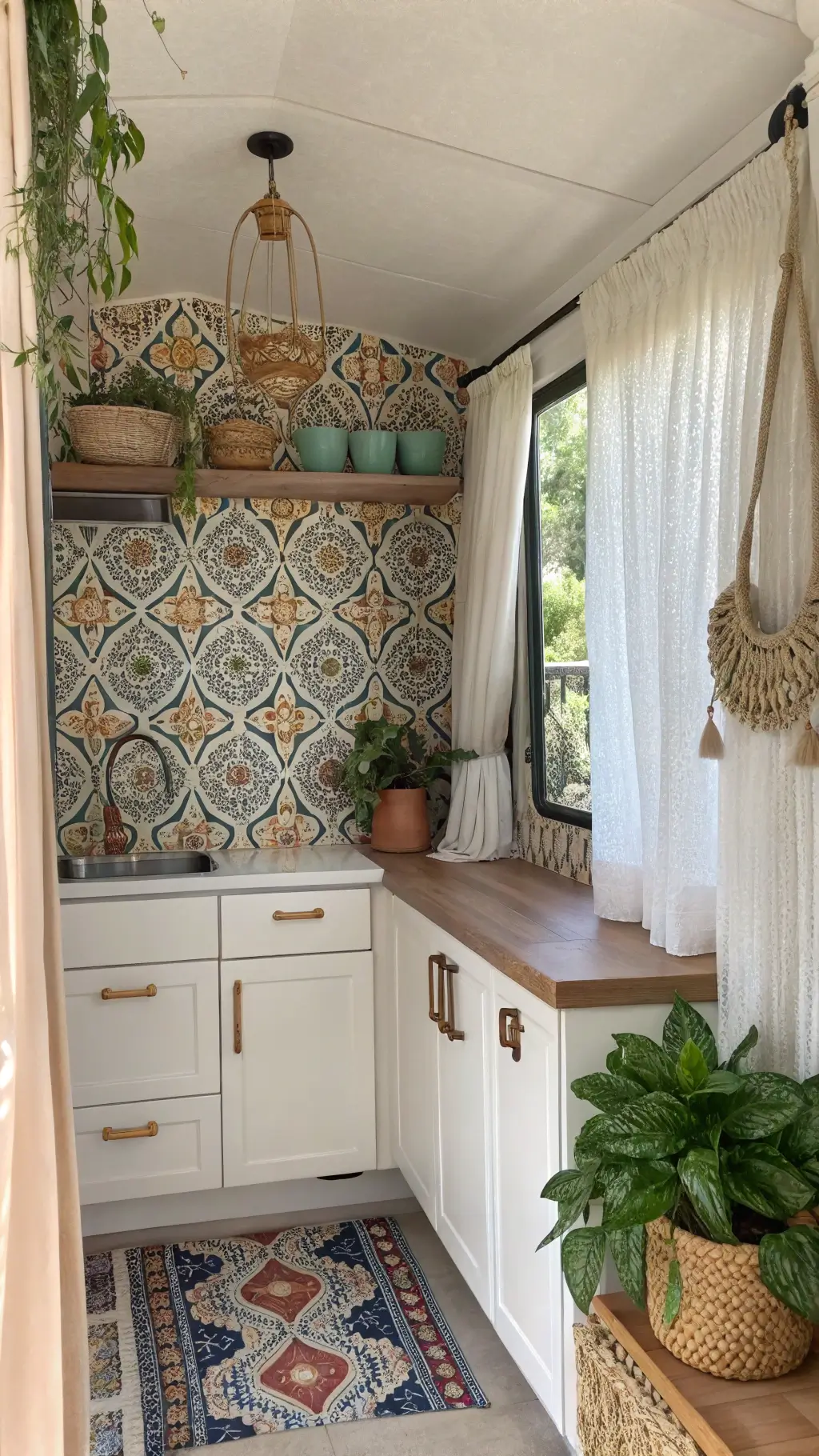 Bohemian micro kitchen with jewel-toned backsplash, cream cabinets, copper accents, woven baskets, and macramé plant hanger