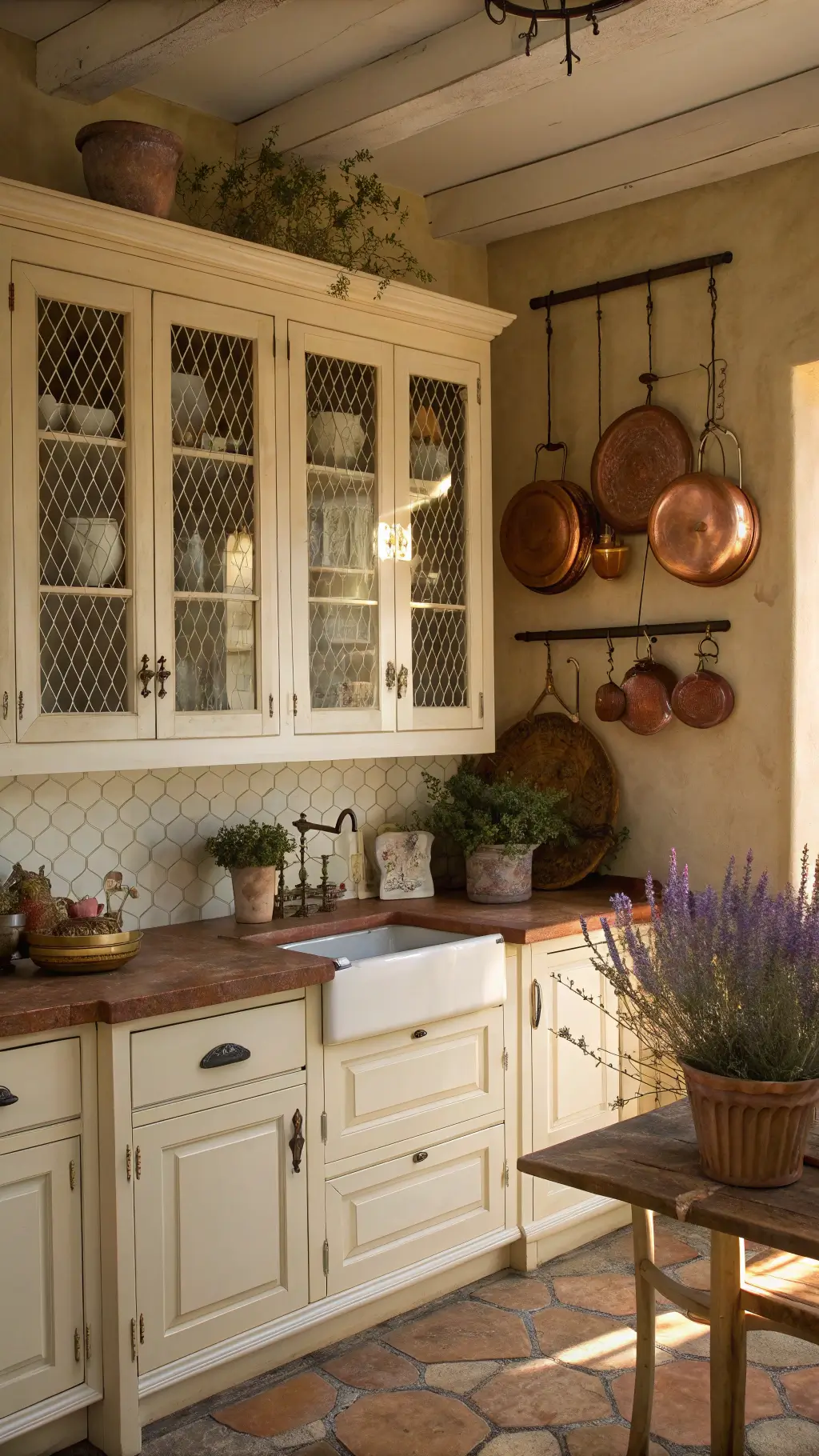 Small French country kitchen with cream cabinets, vintage copper cookware, butcher block island, and hanging lavender bundles