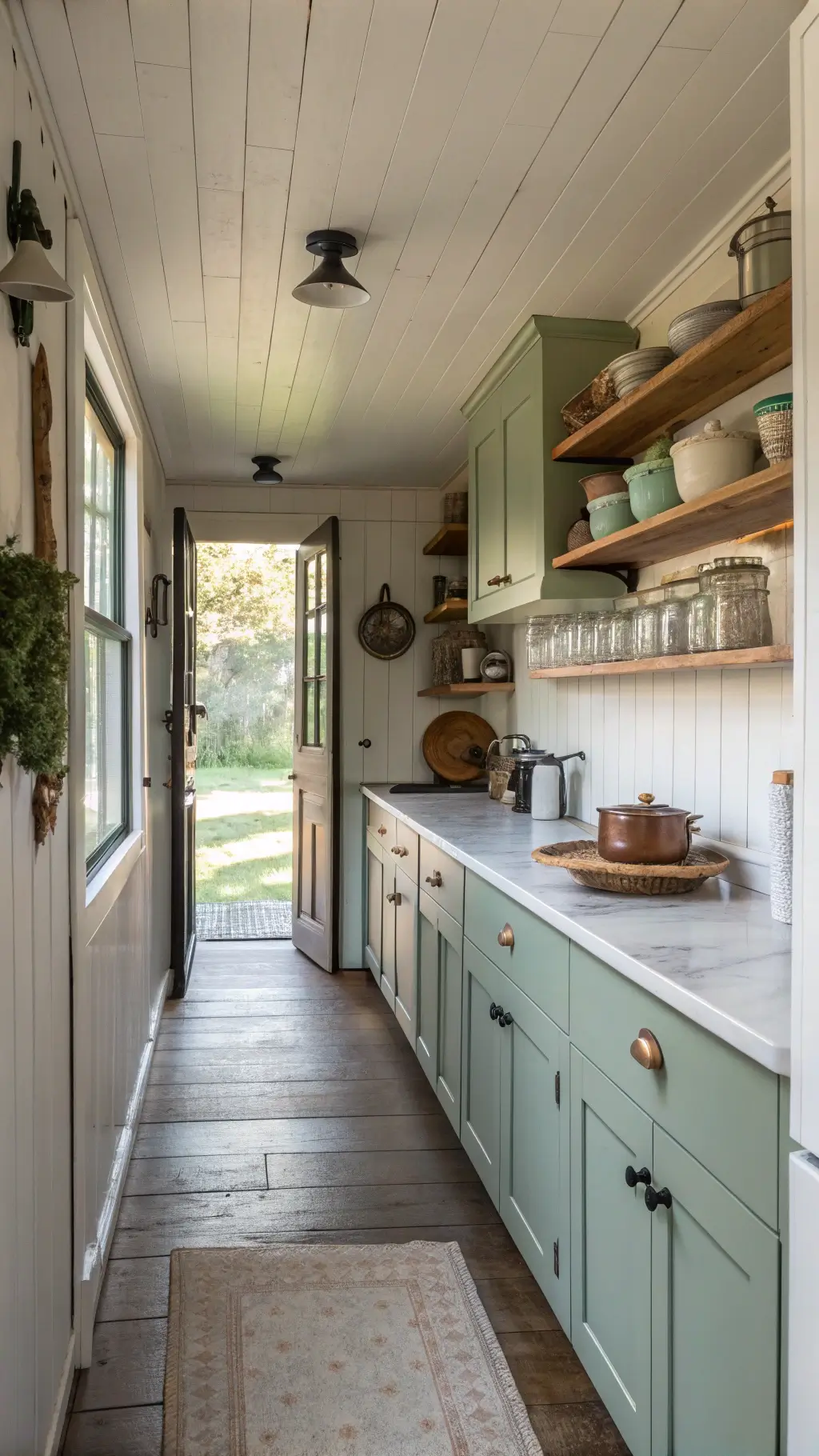 Cozy farmhouse galley kitchen with sage green lower cabinets, white upper shiplap backsplash, vintage enamelware, and vintage-style sconces