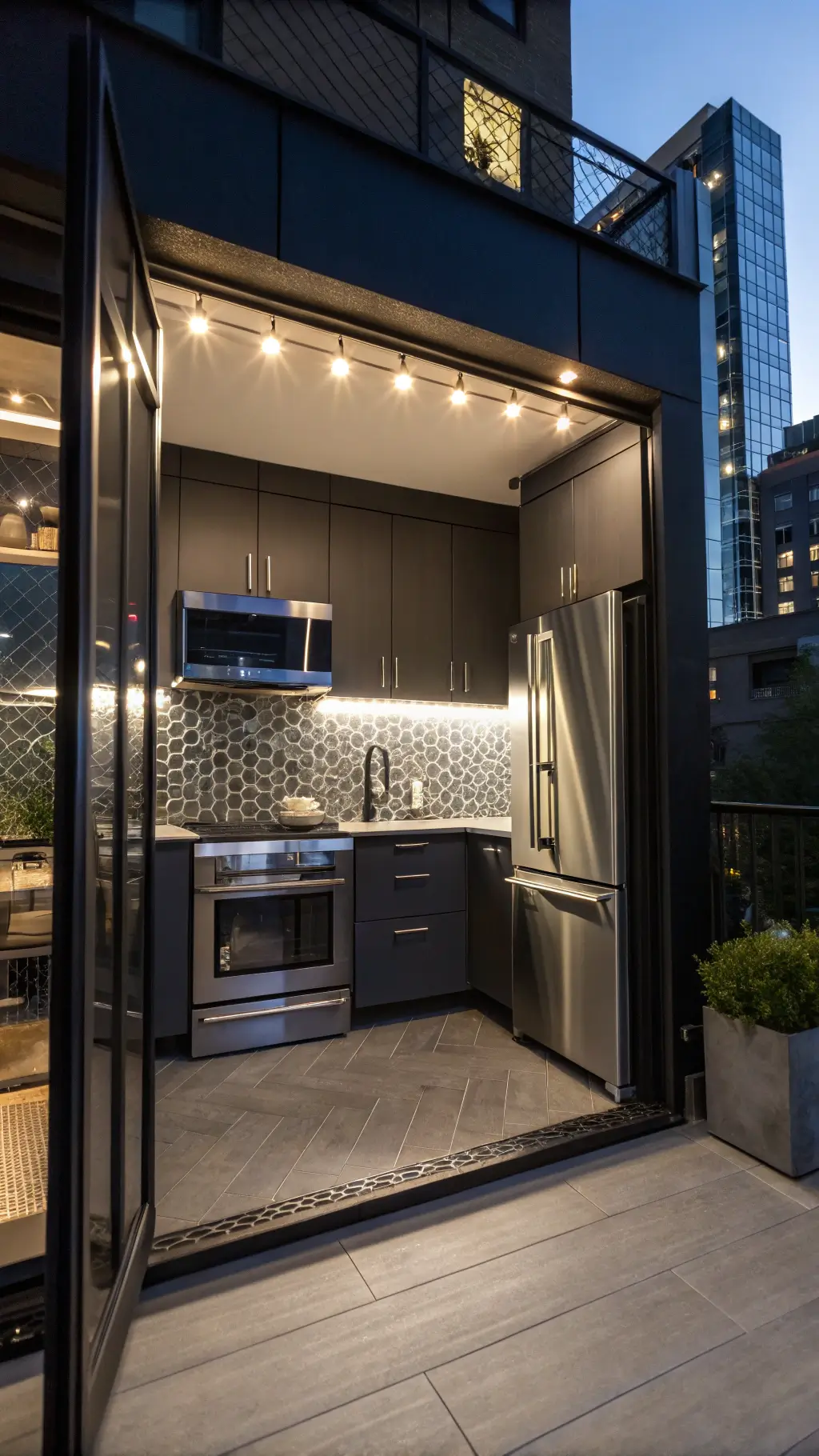 Modern micro loft kitchen with charcoal cabinets, stainless steel appliances, LED floating shelves, and geometric tile backsplash