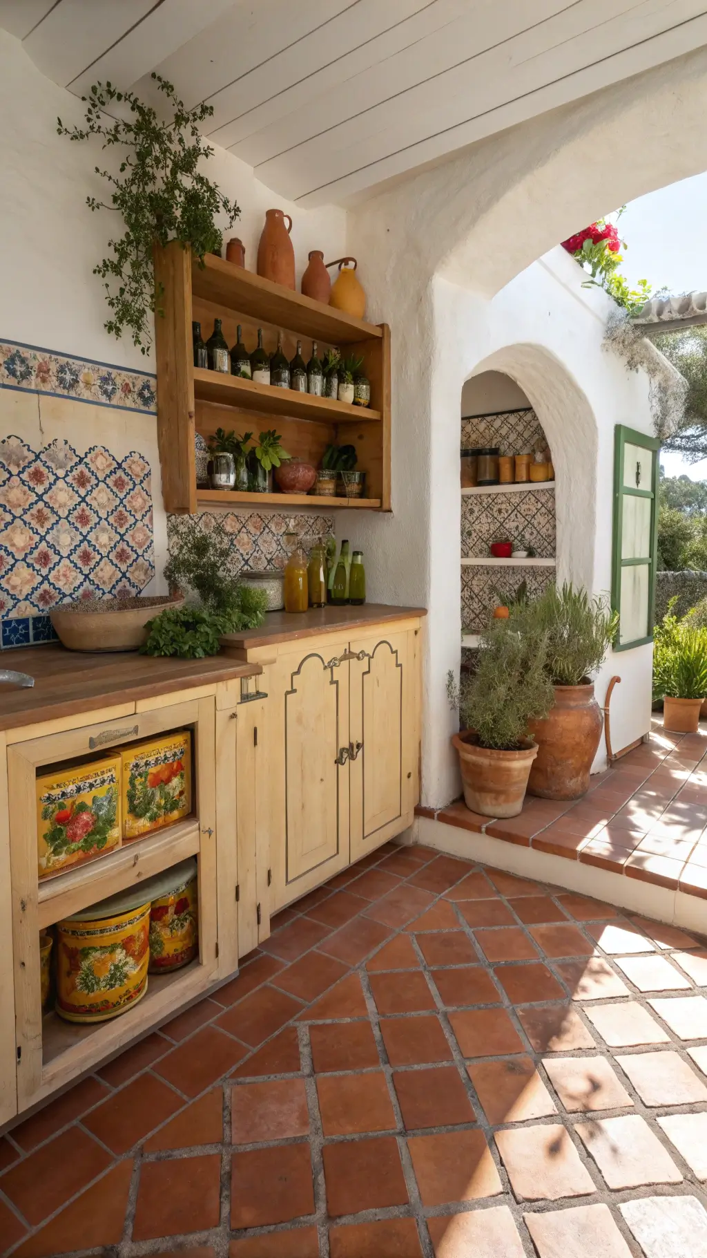 Sunny Mediterranean corner kitchen with terra cotta floor tiles, white stucco walls, wooden open shelving with colorful ceramics and herbs in clay pots