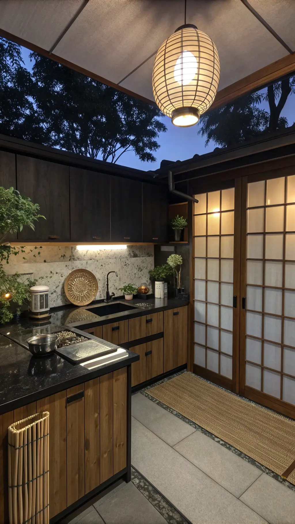 Compact Asian fusion kitchen at twilight with dark wood cabinets, paper-textured panels, black stone counters, bamboo accessories, and paper lantern pendant lighting