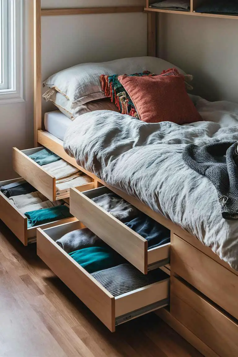 Compact storage bed with drawers open, showing organized clothes and linens