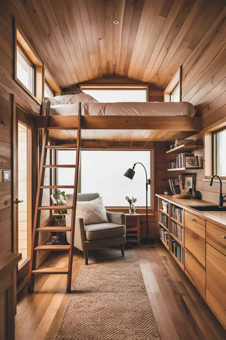 Tiny house bedroom with lofted bed and reading nook underneath