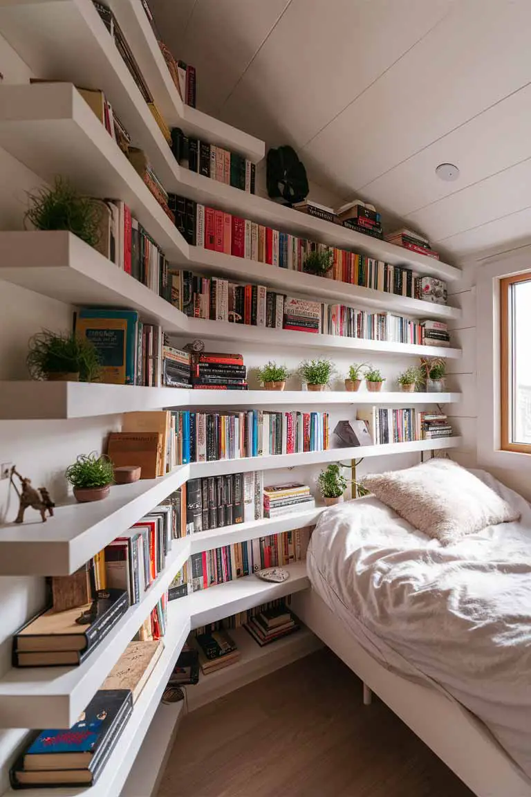 Floating shelves arranged creatively on a tiny bedroom wall holding books and plants