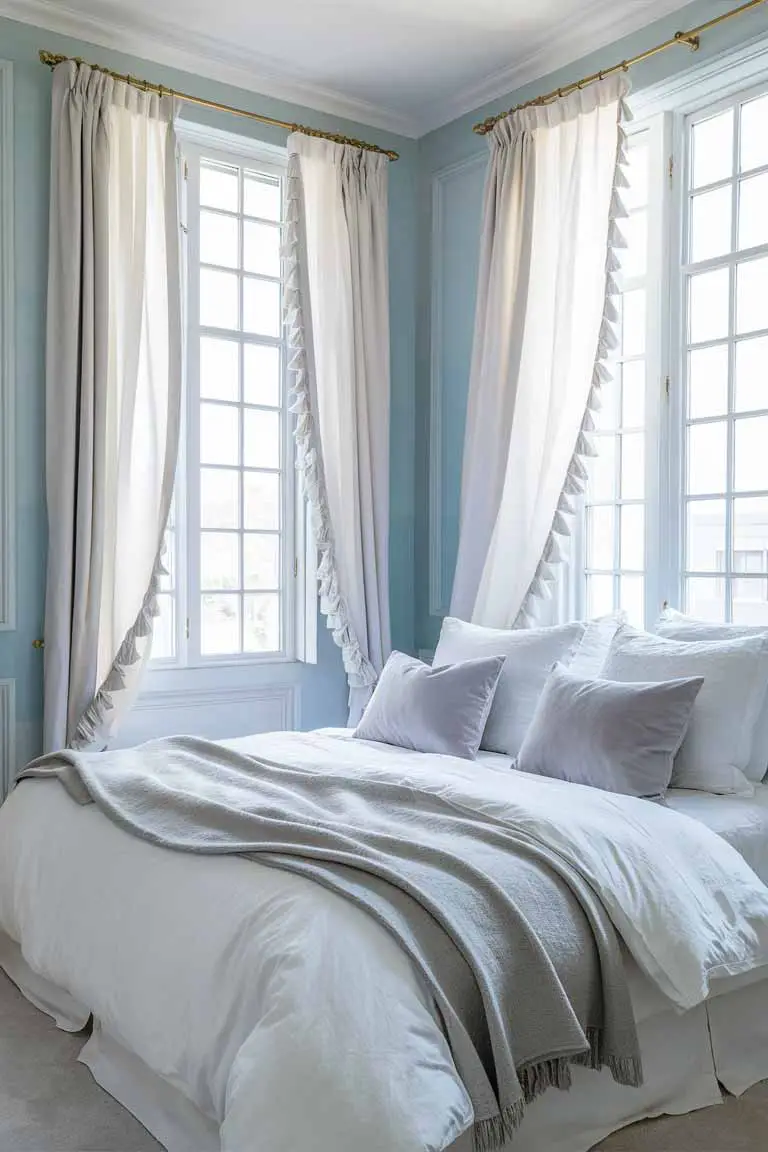 Small bedroom painted in soft pale blue with white and gray bedding, illuminated by natural light