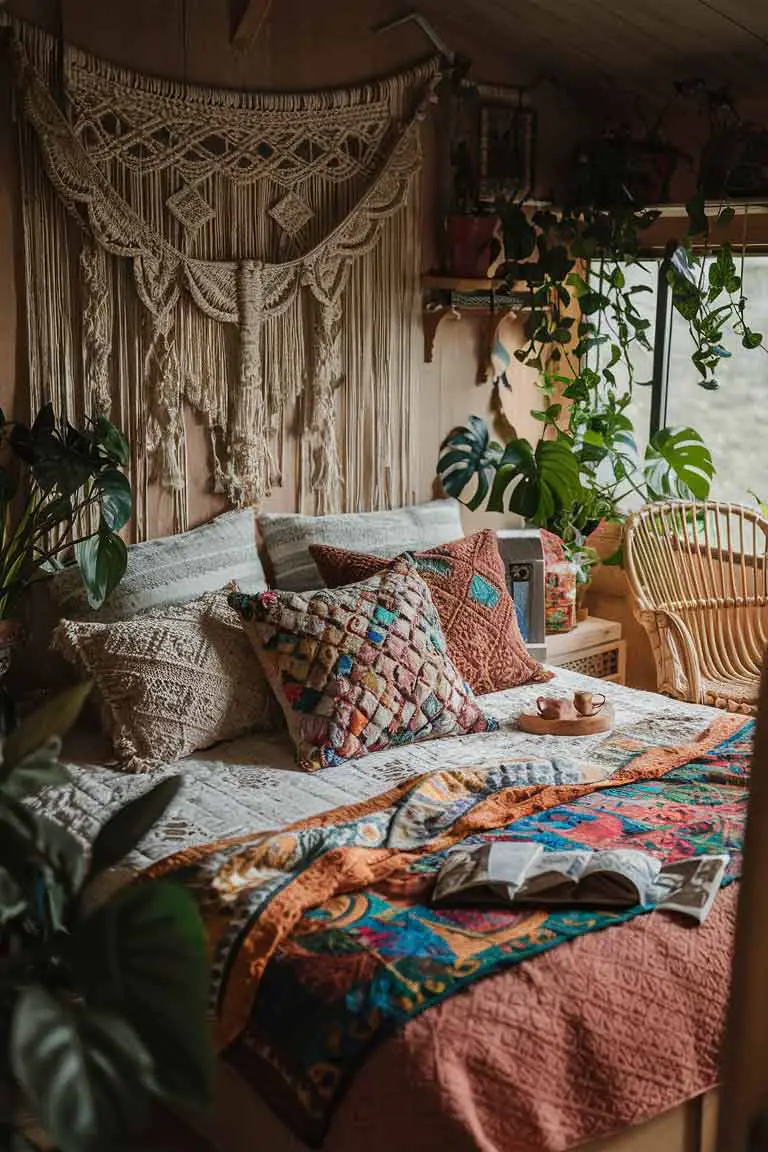Bohemian style tiny bedroom with colorful pillows, macrame wall hanging, and plants
