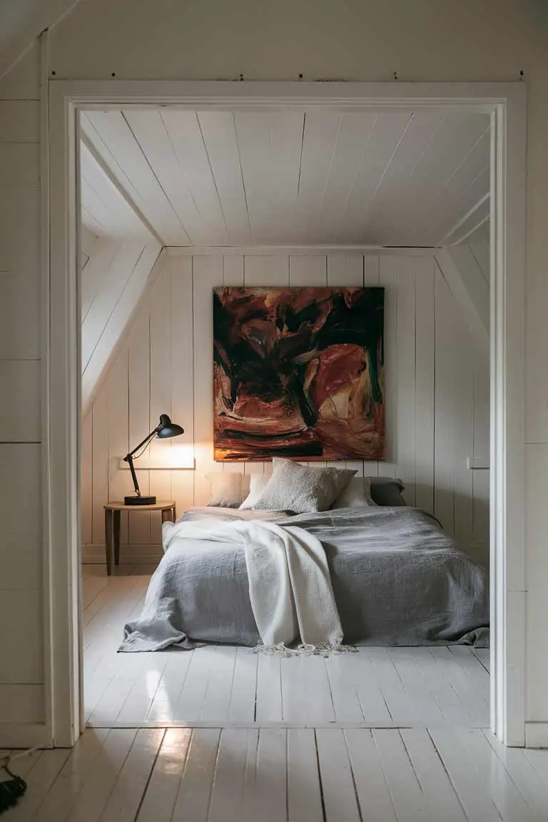 Scandinavian tiny bedroom with white walls, light wood floor, and minimalist furniture