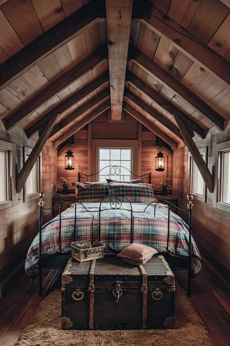 Rustic tiny bedroom with wood beams, wrought iron bed, plaid bedding, and vintage decor