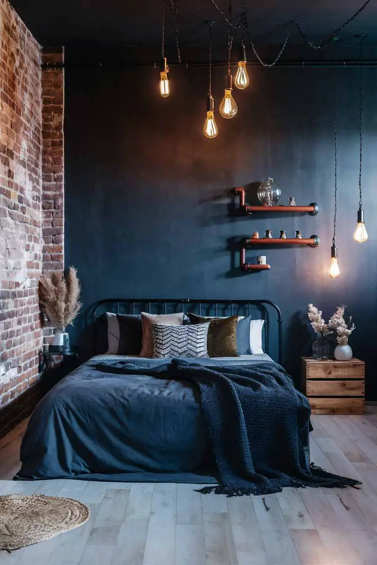 Industrial chic tiny bedroom with exposed brick, metal bed frame, and Edison bulbs