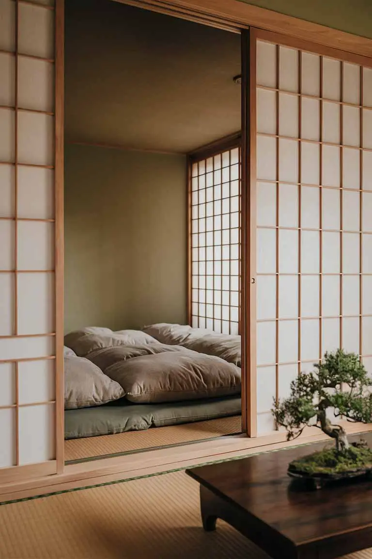 Zen-inspired tiny bedroom with futon bed, tatami mats, shoji screen, and bonsai tree