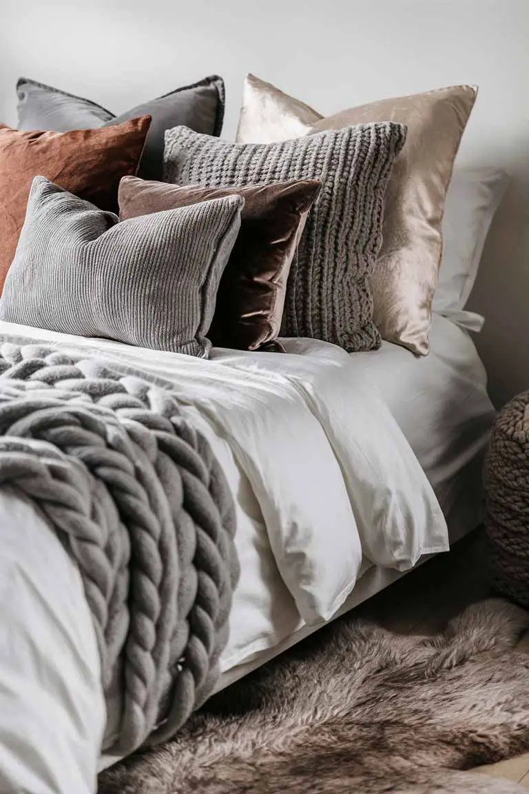 Bed with layered textiles including knit throw, textured pillows, and faux fur rug