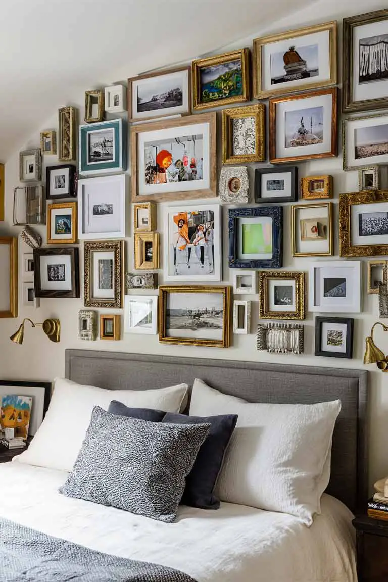 Gallery wall with diverse framed art and photos in a tiny bedroom