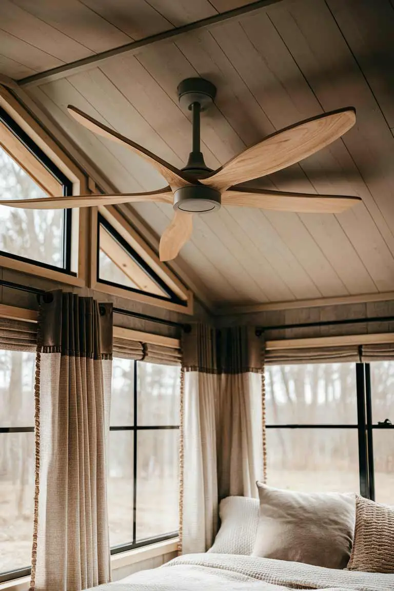 Tiny bedroom ceiling fan with light wood blades and insulated curtains on windows