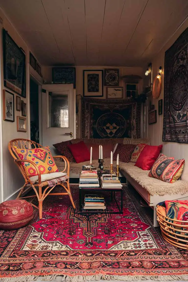 Vintage boho tiny living room with Persian rug, rattan chair, wooden coffee table, and eclectic gallery wall