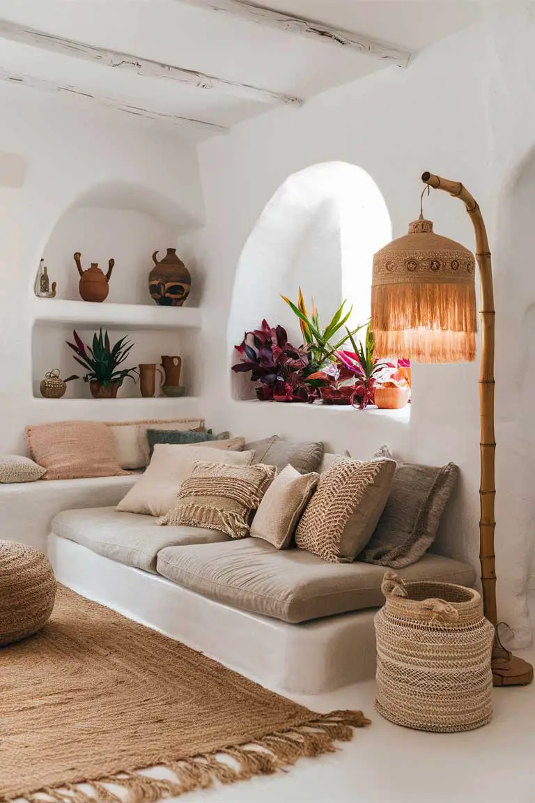 Neutral boho tiny living room with whitewashed walls, linen sofa, bamboo lamp, jute rug, and artisanal pottery