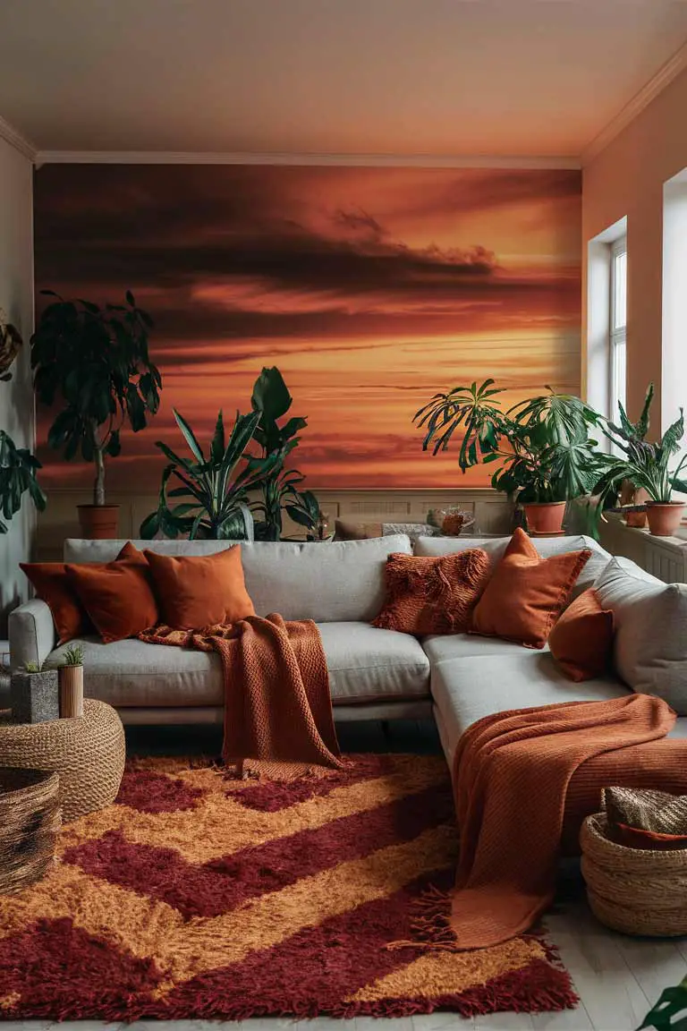 Tiny living room with sunset-inspired palette featuring neutral sofa, burnt orange and red pillows, shag rug, and plants