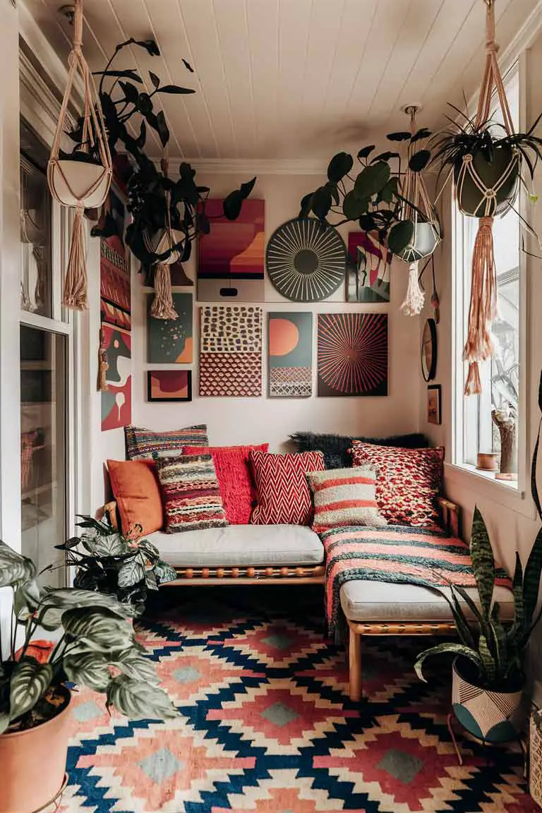 Colorful tiny living room with patterned rug, bold sofa, multicolored pillows, bright wall art, and hanging plants