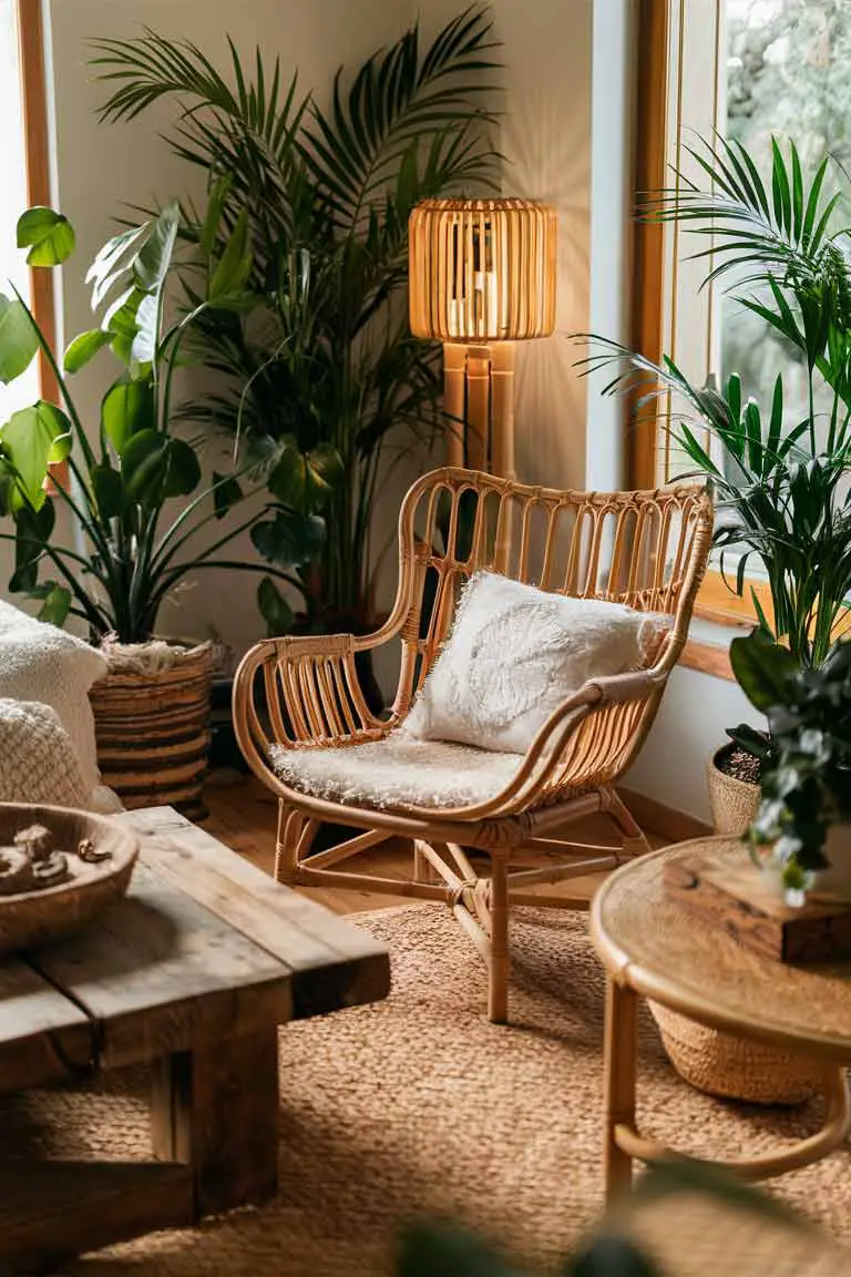 Close-up of tiny living room corner with rattan chair, reclaimed wood coffee table, bamboo lamp, and plants
