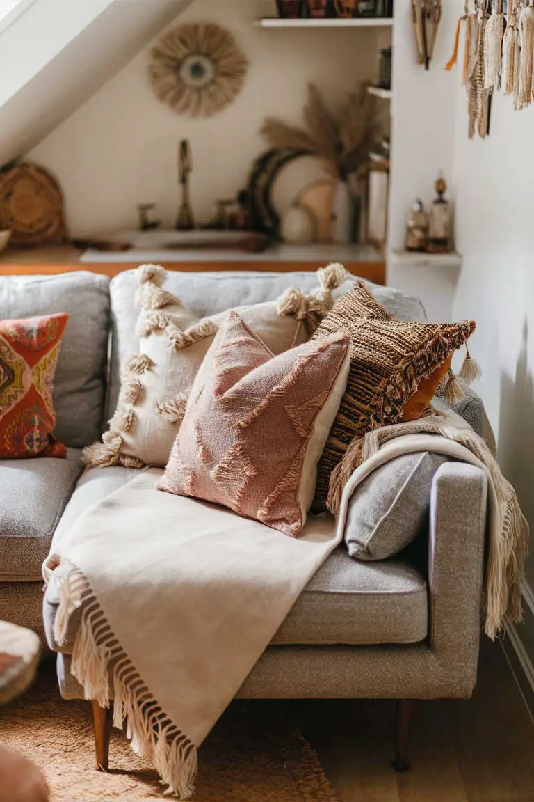 Sofa in tiny boho living room with assorted patterned pillows and fringed throw blanket